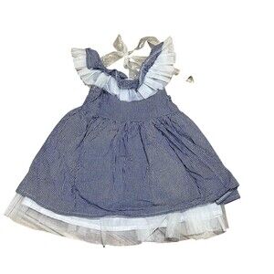 Girls Dress Size 5 Navy Blue Gingham Sleeveless Ruffle Tulle Hem Bow
